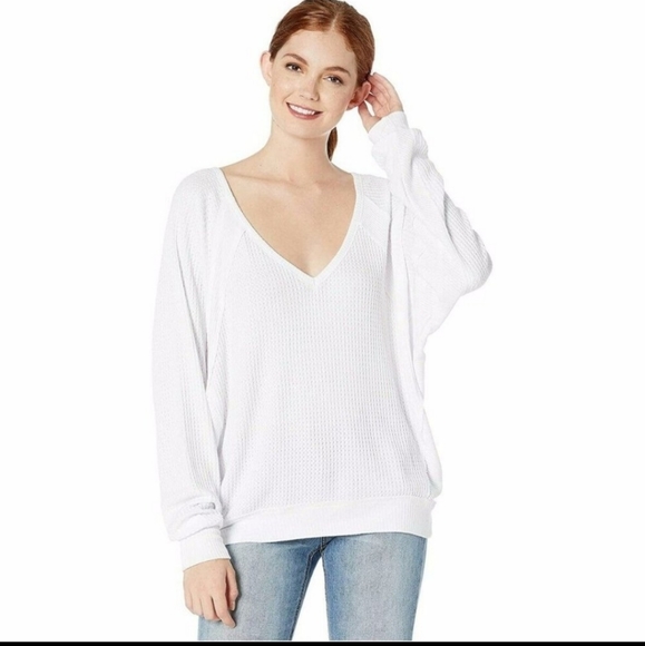 Free people BOHO Santa Clara vneck thermal white top long sleeves Medium - Picture 3 of 11